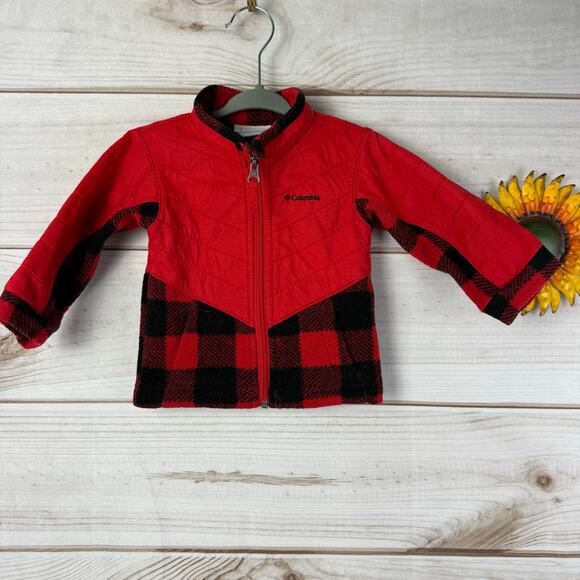 Columbia Baby Fleece‎ Jacket Red Black Buffalo Plaid Full Zip 6-12M - Picture 1 of 6